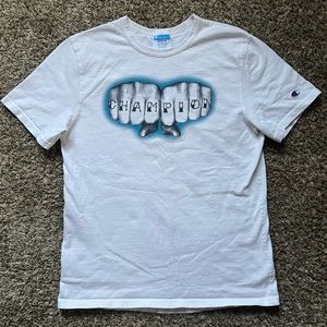 90s Vintage Men’s Champion T-Shirt Medium White Fists Logo Heavy Weight